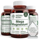 Natural Nutra Mega Magnesium 400mg Supplement - Hoge Absorptie Aminozuurchelaat, Betere Vibes, Citrate, Malate Blend voor Spiergroei, Botsterkte, Hart Gezondheid, Zenuw Ondersteuning - 90 Capsules