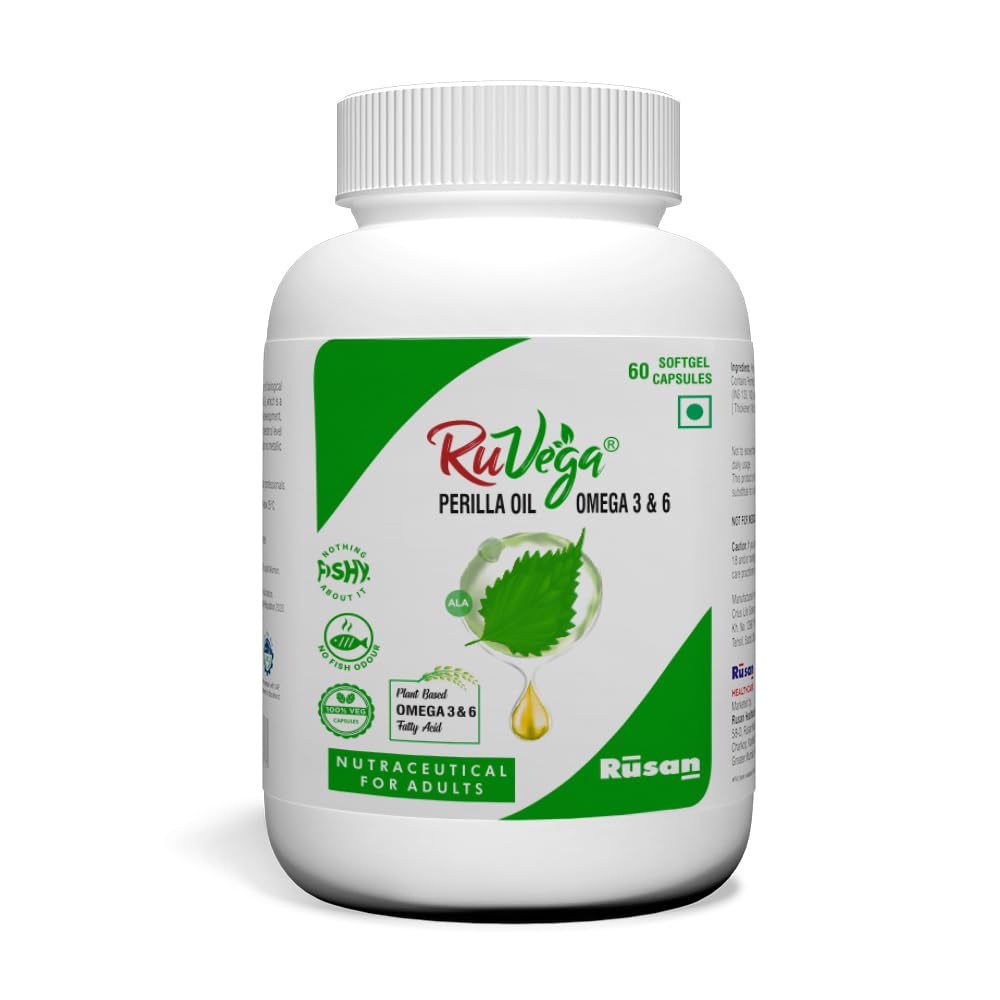 Rusan RuVega Plant-Based Omega 3 & 6 Softgel 60 Capsules | Herbal Perilla Oil with ALA | Fish-Free Softgel Nutraceutical for Adults | Vegan Supplements | Supports Heart, Brain, Joint & Skin Health