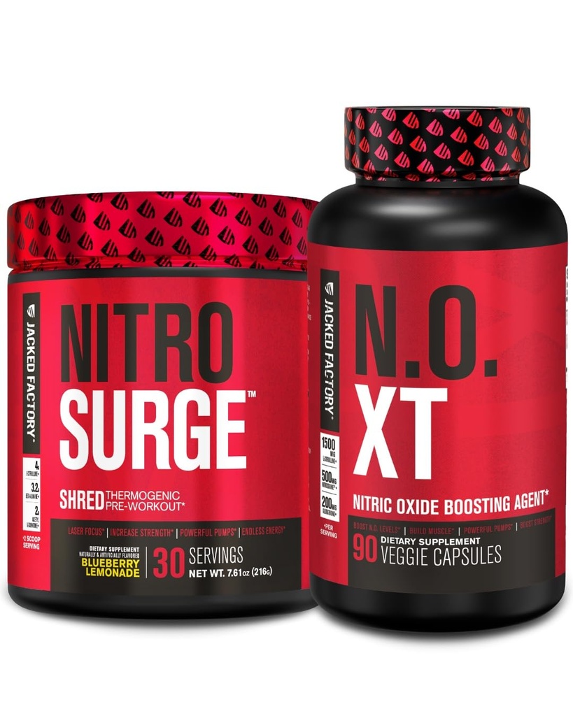 Ge Jacked Factory Nitrosurge Shred Thermogenic Pre-workout in Blueberry Lemonade & N.O. XT Nitric Oxide Booster voor mannen en vrouwen