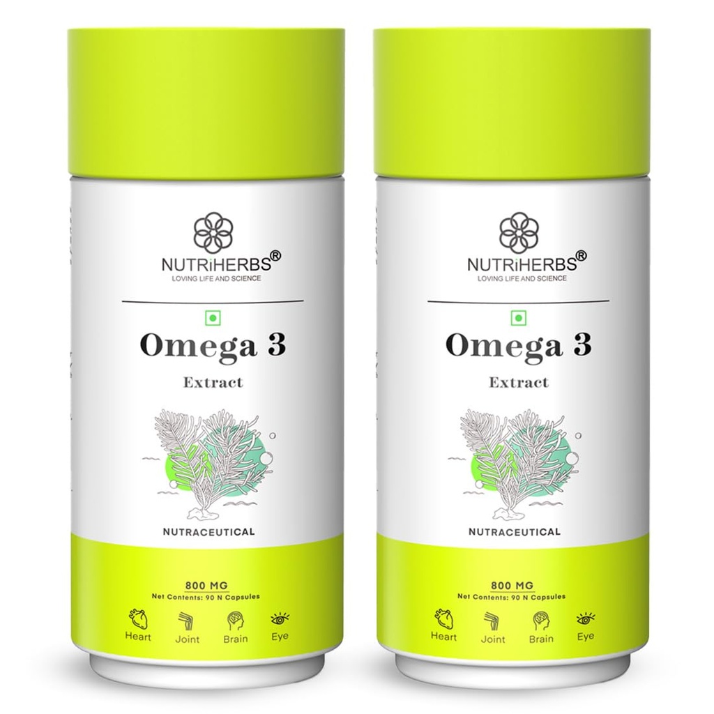 NUTRIHERBS Vegetarian Omega-3 Fatty Acids 800mg Capsule– Plant-Based DHA & EPA Supplement | Supports Heart, Brain, Joint, Eye & Skin Health | No Fish Oil | for Men & Women | 90 Capsules Pack of 2