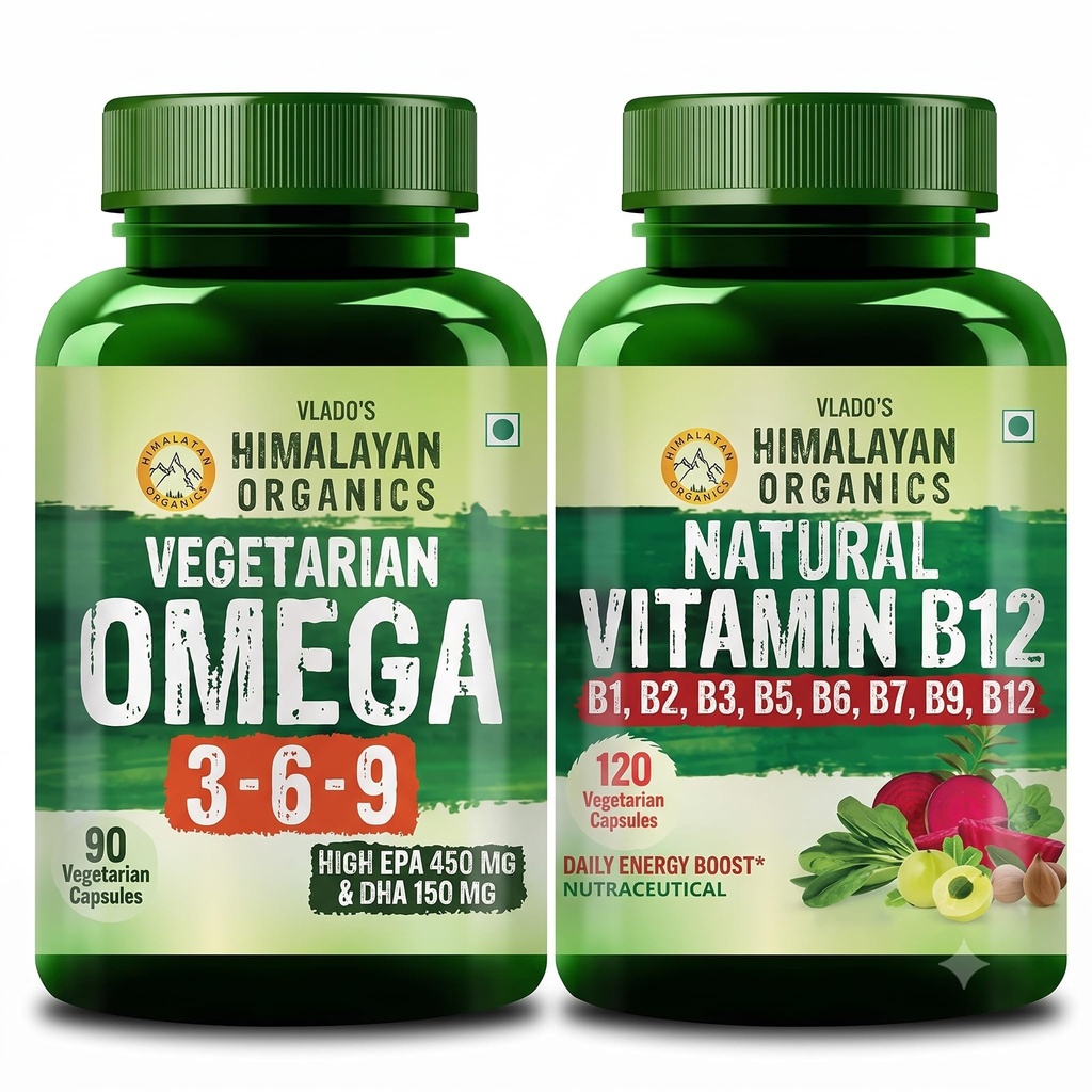 Vlado's Himalayan Organics Vegetarian Omega 3-6-9 & Plant Based Vitamin B12 Combo | Flaxseed Omega + B Complex with Moringa | Supports Heart, Brain, Energy Metabolism & Nervous System | Men & Women