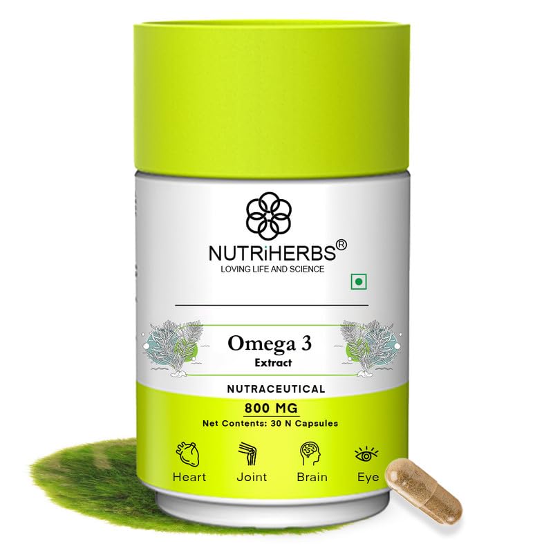 NUTRiHERBS Omega 3 800mg Capsules | Plant-Based DHA & EPA Supplement for Heart, Joint, Eye Health | Omega 3 Fatty Acids for Brain Support, Skin Wellness | for Men & Women (30 Capsules)