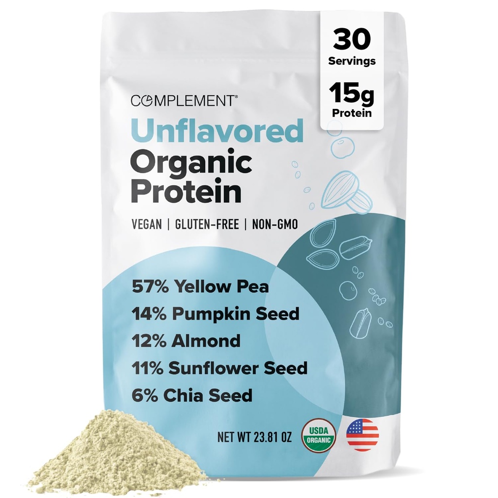 Complement Organic Unflavored Vegan Protein Powder (30 Servers) Low Carb, Low Calorie, Sugar Free, Soy Free, Non-GMO, Gluten Free, Non-Dairy- Yellow Pea, Pompoenzaad- 15g Plant Based Protein Powder