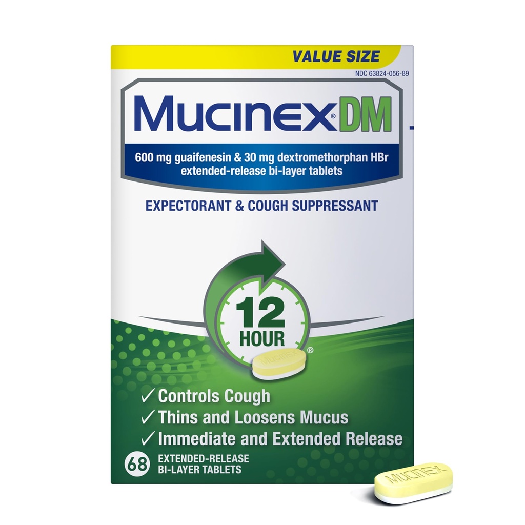 Mucinex DM 12Hr Conggestion thoracique et médecine de la toux pour adultes, rhume et de la toux pour le soulagement de l'excès de mucus, 600 mg Guaifenesine et 30 mg Dextrométhorphane HBr, 68 comprimés bi-layer