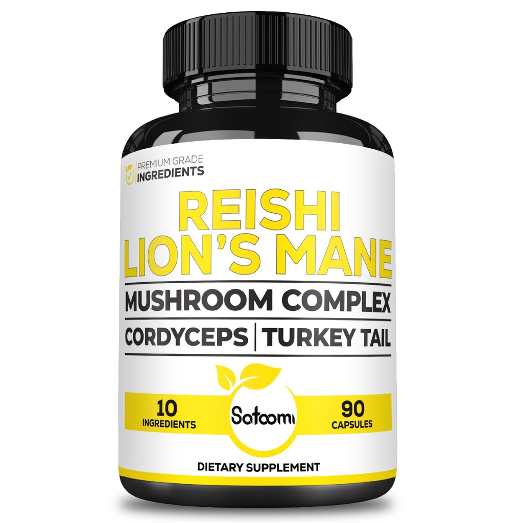 Satoomi Reishi Supplement Complex 5000Mg - 10in1 gecombineerd met Lions Mane, Cordyceps Sinensis, Chaga Mushroom & Andere - 90 Capsules gedurende 3 maanden