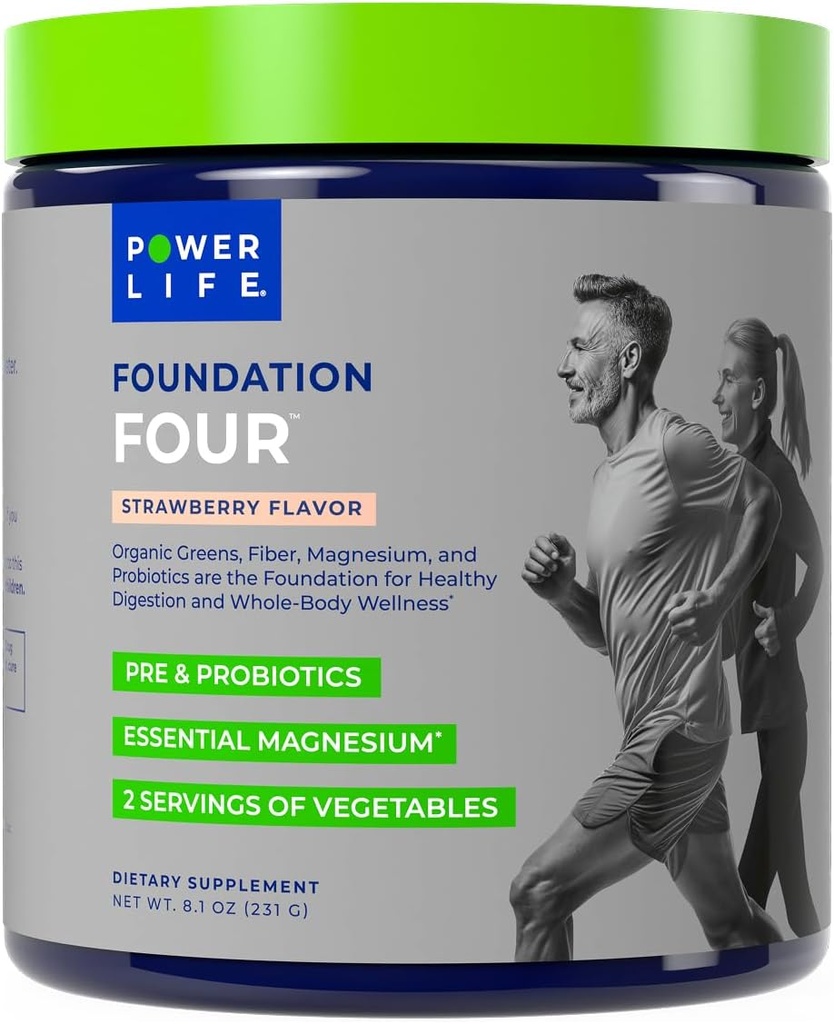 POWERLIFE Foundation Four Greens Drink with Pre & Pro Biotics, Essential Magnesium, 2 Servings of Groenten, Aardbei smaak 30 Servings