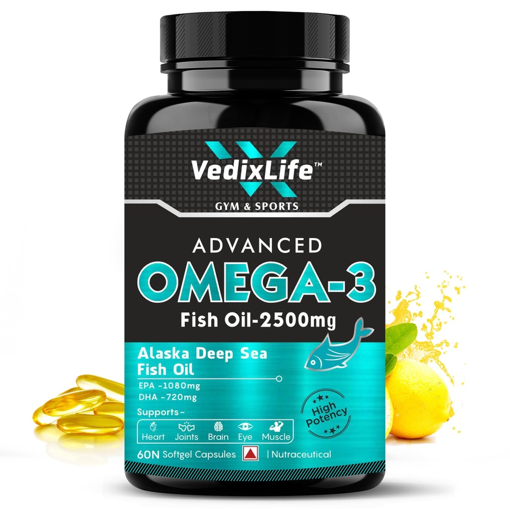 Deep Sea Omega 3 Fish Oil - Omega 3 Supplement Triple Strength 2500 Mg, 60 Softgel for Men and Women, Fish Oil softgels With No Fishy Burps (60 Softgel Capsules)