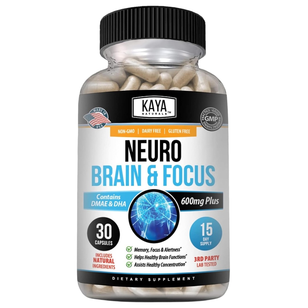 Kaya Naturals - Neuro Brain for Memory & Focus - Nootrope Energy Capsule - Nootrope Brain Support Supplement - Focus & Concentration & Learning Accuracy - Cognitieve functie - 30 Tel.