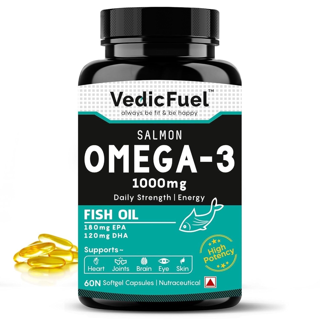 Salmon Omega 3 Fish Oil Capsules 1000mg | Advanced Fish Oil supplement with 180mg EPA & 120mg DHA | High absorption Omega 3 for Heart, Brain & Joints | Helps manage cholesterol | 60 Capsules