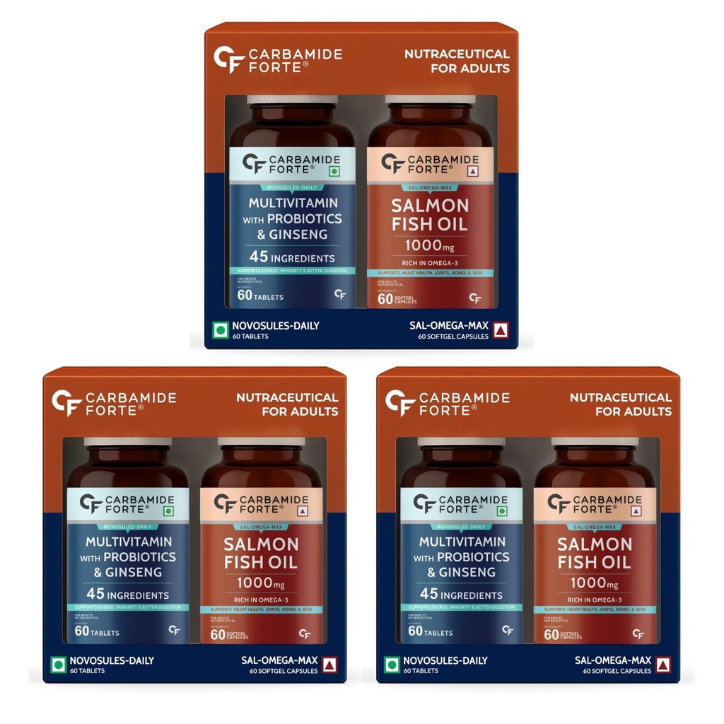 Carbamide Forte Multivitamin Tablet for Men and Women with Probiotics & Omega 3 fish oil capsules | Daily Immunity, Heart, Brain & Joint Support | 60 Tablets + 60 Softgel Capsules (Pack of 3)