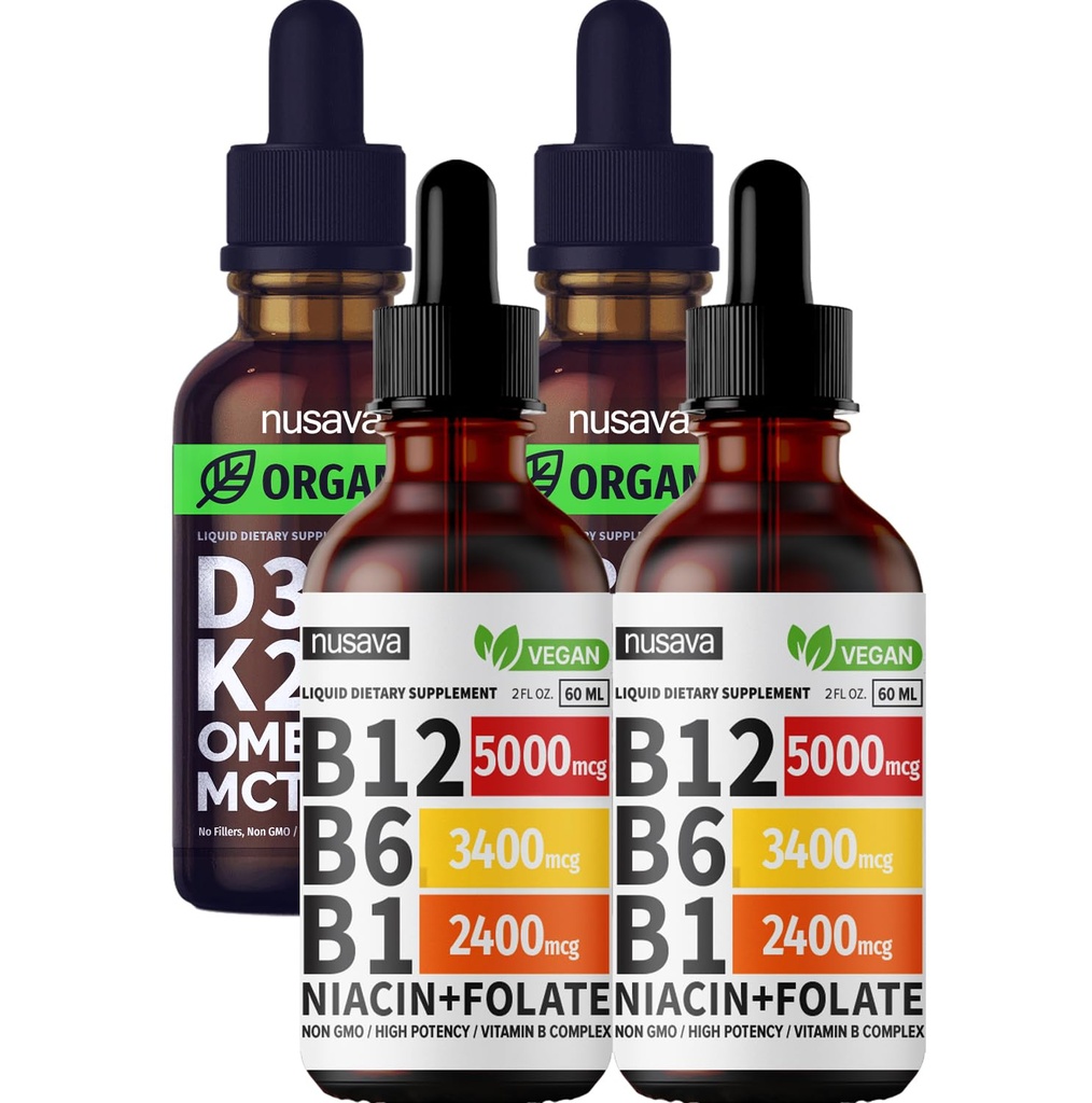 NUSAVA Vitamine B12 gouttes liquides et ensemble de D3 K2 non aromatisé - Vitamines liquides pour le coeur, l'articulation, l'énergie et l'immunité - Non-OGM, sans gluten, 2pk Chaque
