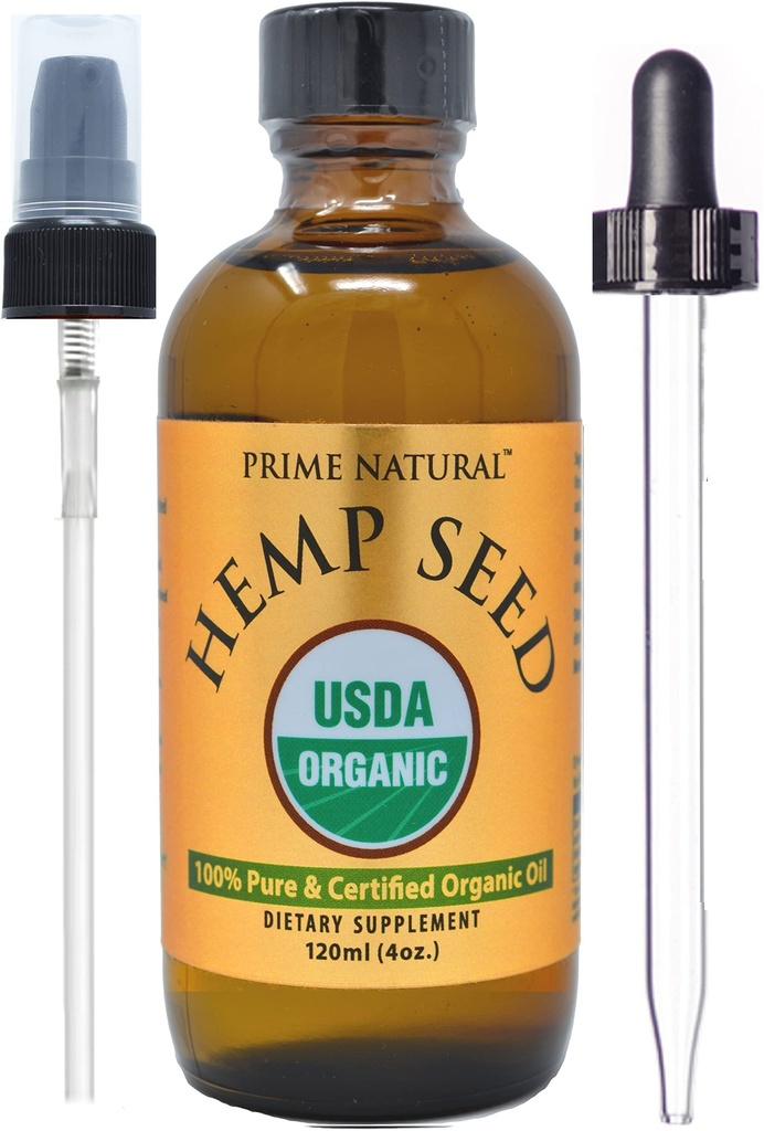 PRIME NATUREL Huile de graines de chanvre biologique 4 oz - USDA Certifié - Huile de sativa - Pure, pressée à froid, vierge, non raffinée, végétalienne, grade alimentaire - Oméga 3 6 9 Acides gras - Bon pour le visage, le corps, la peau et les soins capillaires