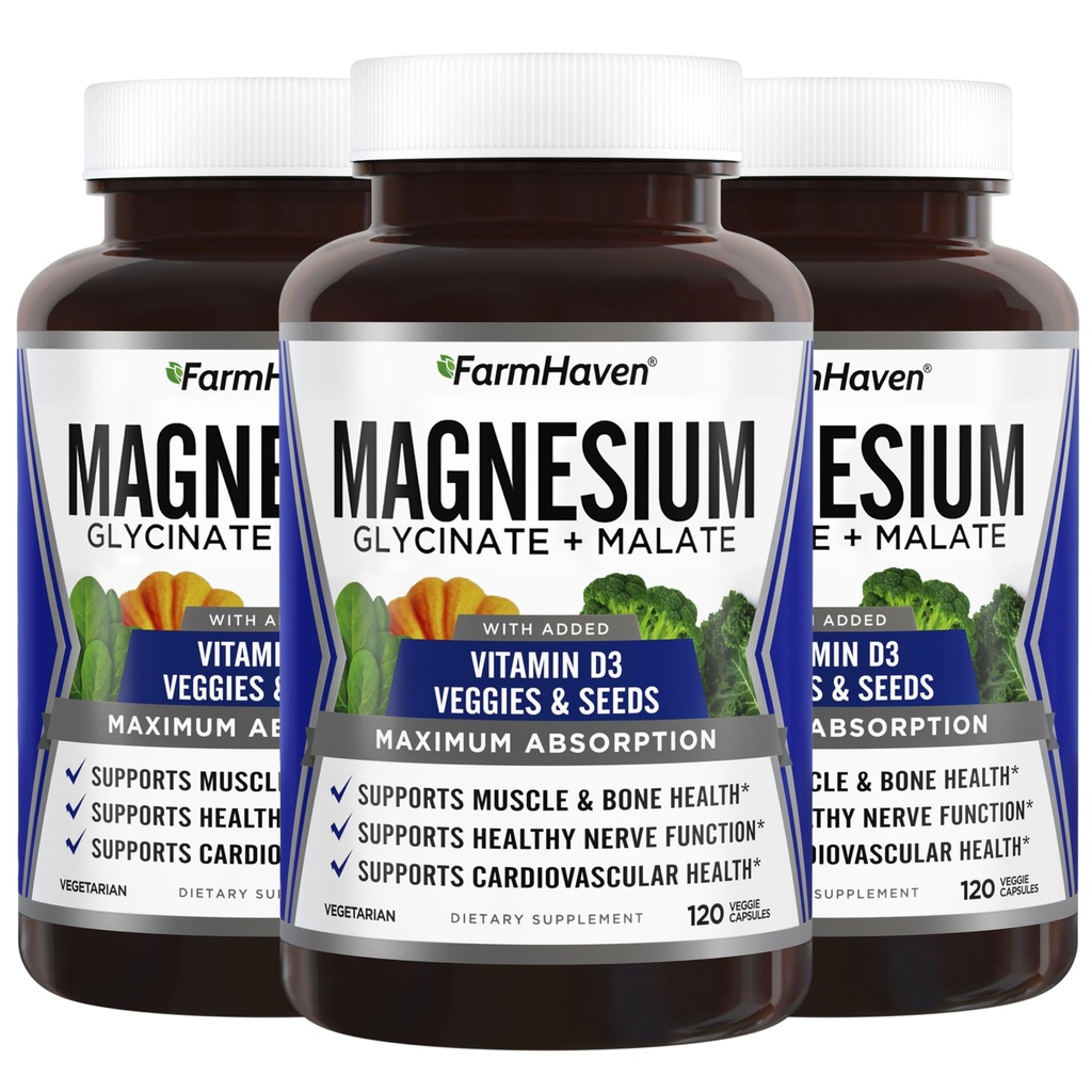 FarmHaven Magnesium Glycinate & Malate Complex w/Vitamin D3, 100% gecheleerd voor Max Absorptie, Vegan 
