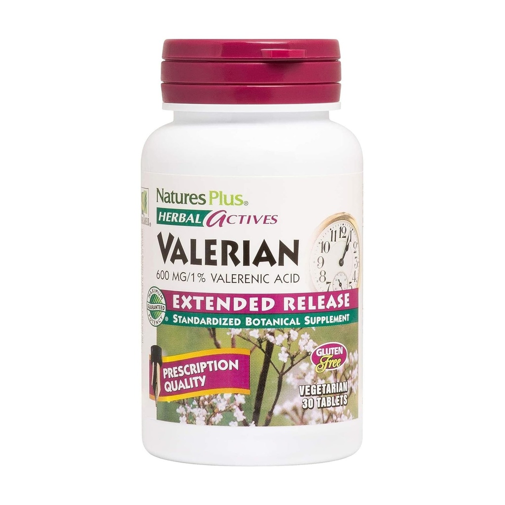 Natures Plus Herbal Actives Valeriaan Uitgebreide Release Tablets - 600 mg, 30 Vegan tabletten - Vegetarisch, Glutenvrij - 30 porties