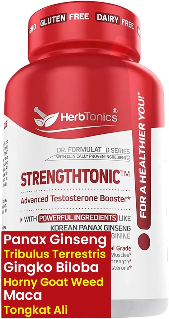 Herbtonics Testosteron Ondersteuningssupplement voor mannen - Koreaanse Panax Ginseng & Tribulus Terrestris - Ondersteunt gezonde energie, sterkte en uithoudingsvermogen - 60 Vegan Capsules