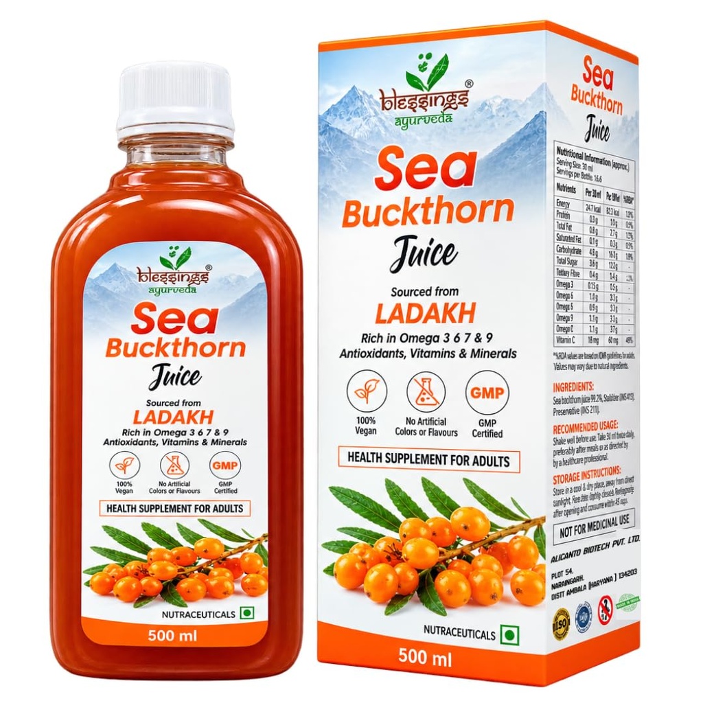 Blessings Sea Buckthorn Juice Rich in Omega 3, 6, 7 & 9 - Immunity Booster | 100% Natural Herbal Juice | Sugar Free | Super Antioxidant | Seabuckthorn