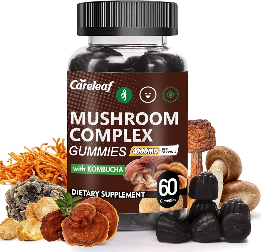 9 in 1 Paddestoel Gummies met Lion's Mane for Focus Supplement and Energy Supplements to Support Immune System De-Stress Boost Mood & Energy 60 Count Kombucha Flavor