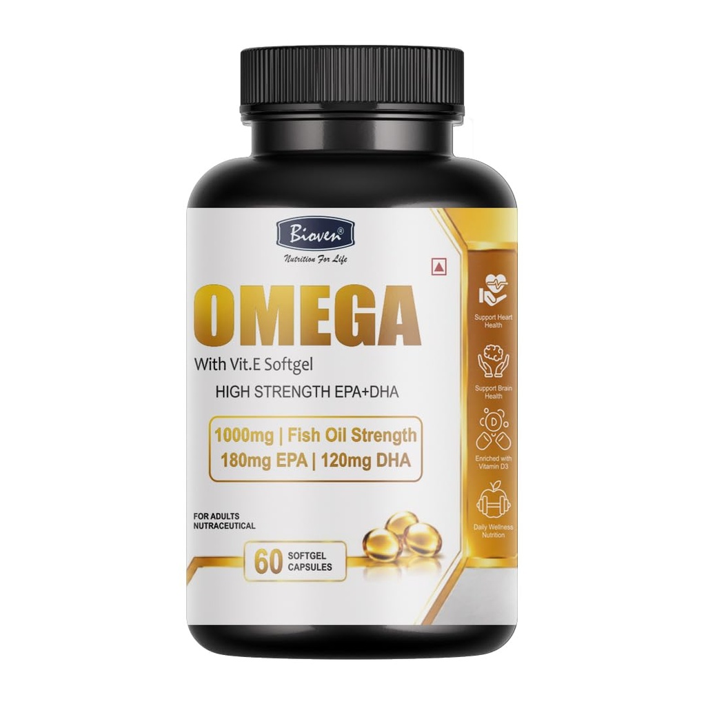 Omega Softgel with Vitamin E, High Strength EPA DHA, 1000 mg Fish Oil Strength, 180 mg EPA, 120 mg DHA, Nutraceutical Supplement for Adults, Daily Wellness Nutrition, 60 Softgel Capsules