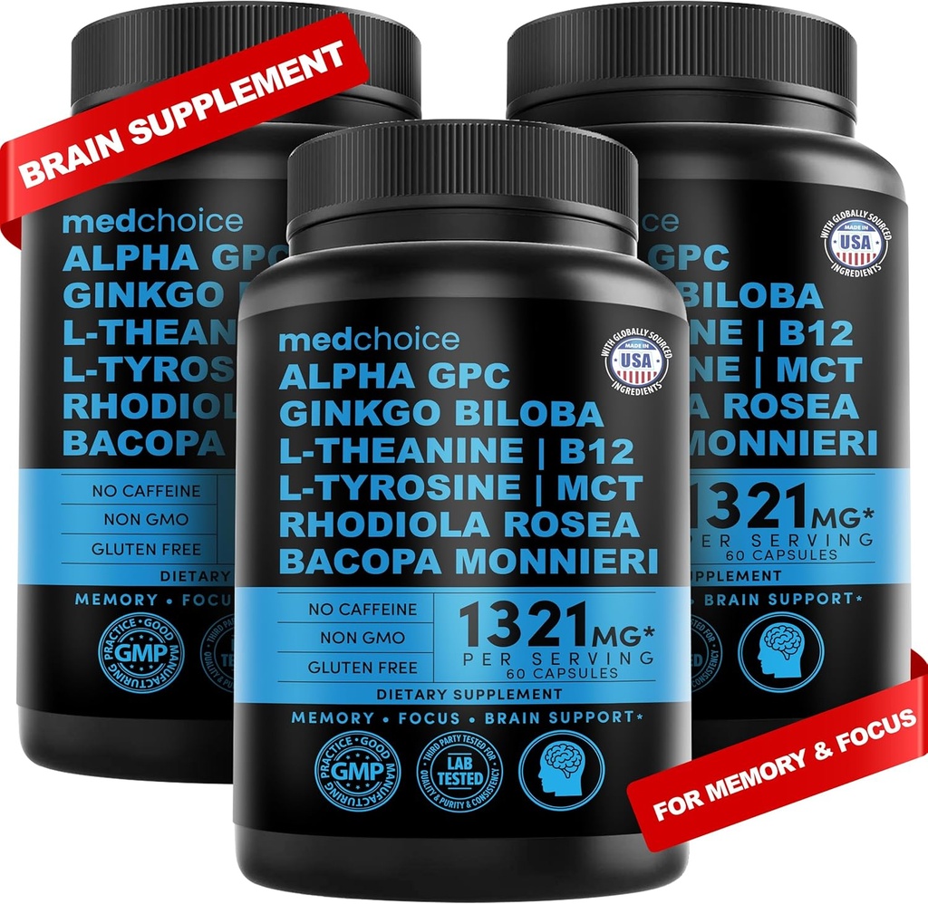 12-en-1 Supplément Cerveau Nootrope Anhydre: Ginkgo Biloba pour le soutien, la mémoire et la focalisation du cerveau - B12, Alpha GPC, L Theanine et Suppléments Choline avec Bioperine non caféiné 1321mg (180ct)
