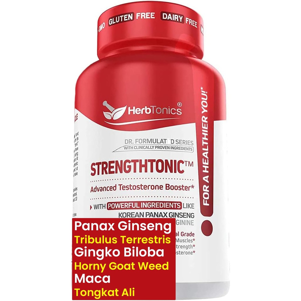 Herbtonics Testosteron Ondersteuningssupplement voor mannen - Koreaanse Panax Ginseng & Tribulus Terrestris - Ondersteunt gezonde energie, sterkte en uithoudingsvermogen - 60 Vegan Capsules
