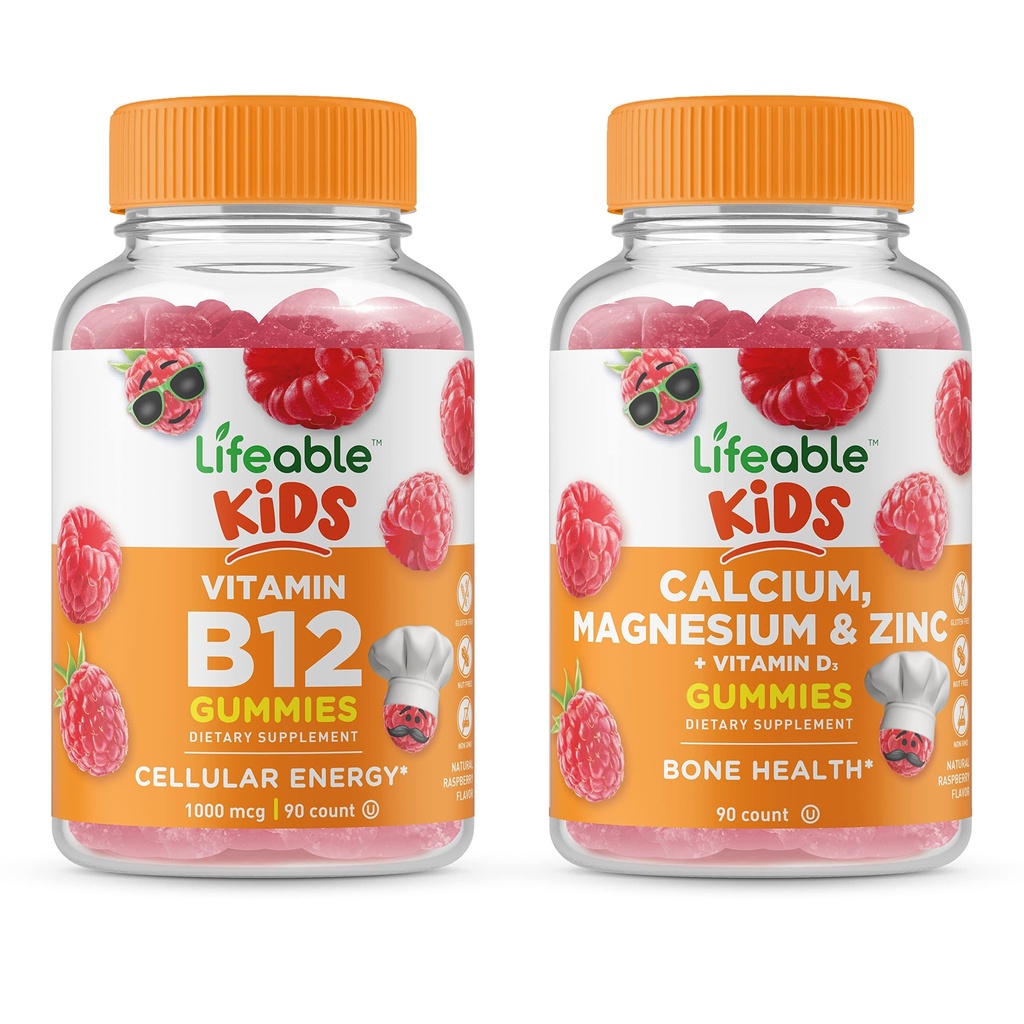 Levensvatbare vitamine B12 Kids + Calcium Magnesium & Zink Kids, Gummies Bundle - Grote Proeverij, Vitamine Supplement, Glutenvrij, GGO-vrij, Kauwbare Gummy