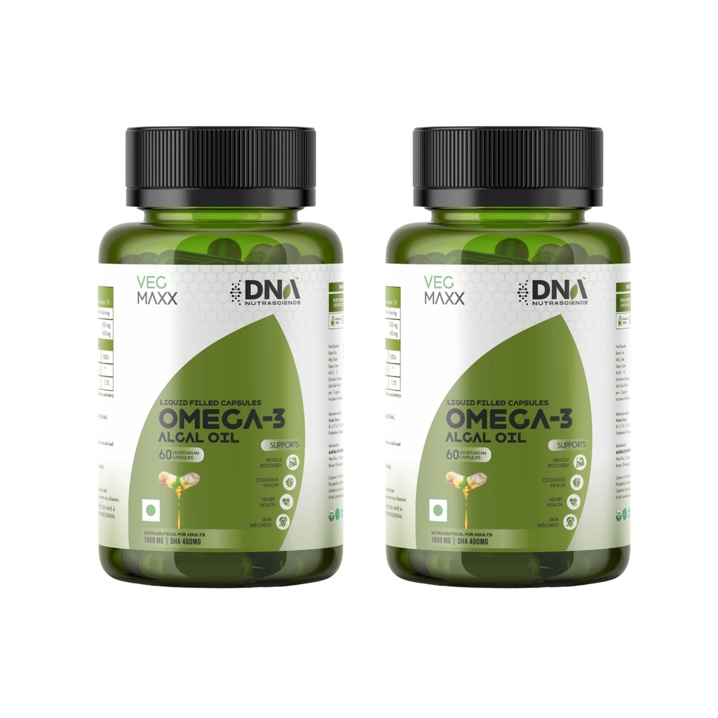 Veg Maxx Omega 3 Algal Oil 1000 mg with 400 mg DHA Plant Based Liquid Filled Capsules Unflavoured Pack of 2 x 60 Veg Capsules