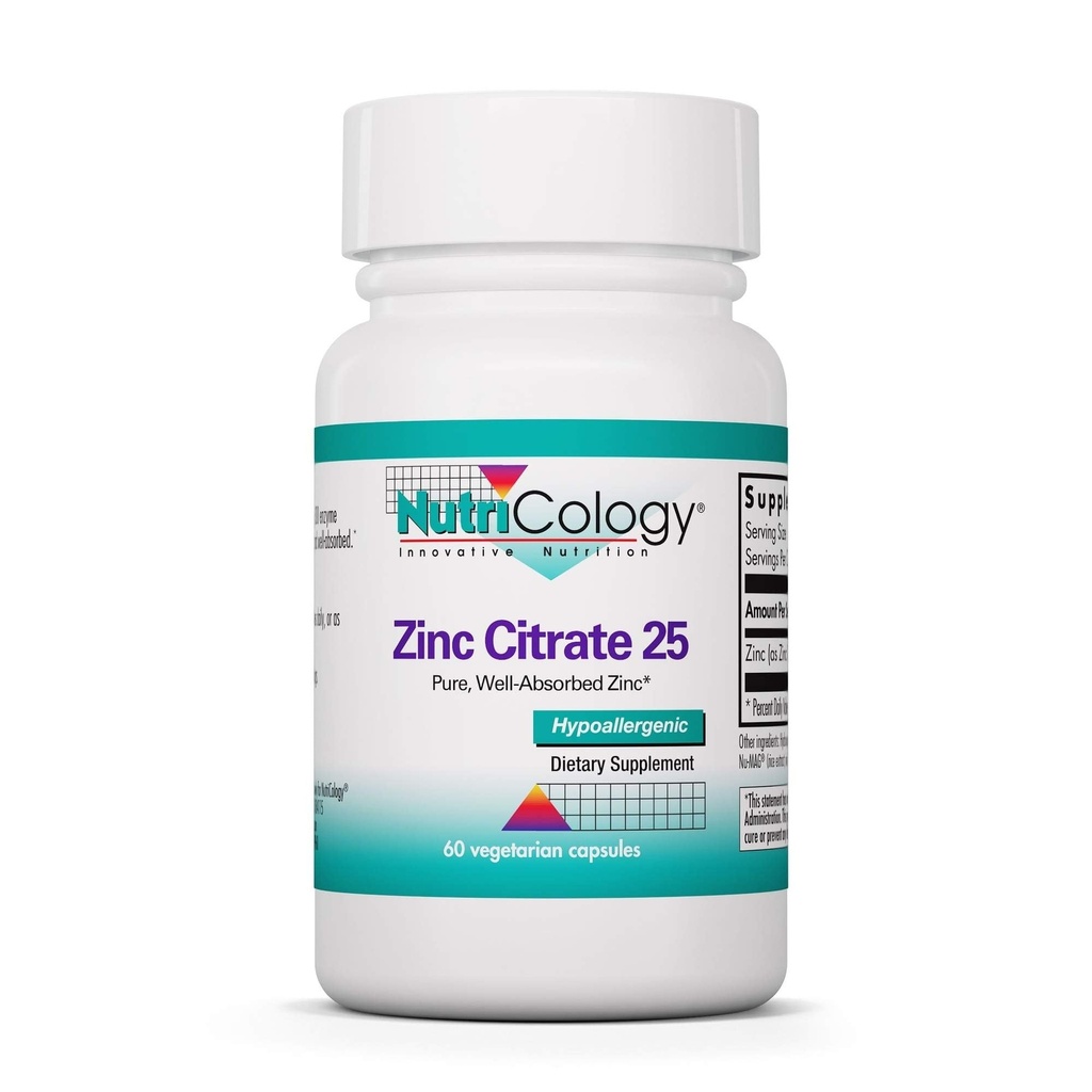 Nutricologie Supplément de citrate de zinc - 25mg de zinc pour les hommes et les femmes, support immunitaire, pur, bien absorbé, bien toléré, minéral tracé, capsules végétariennes - 60 Compte