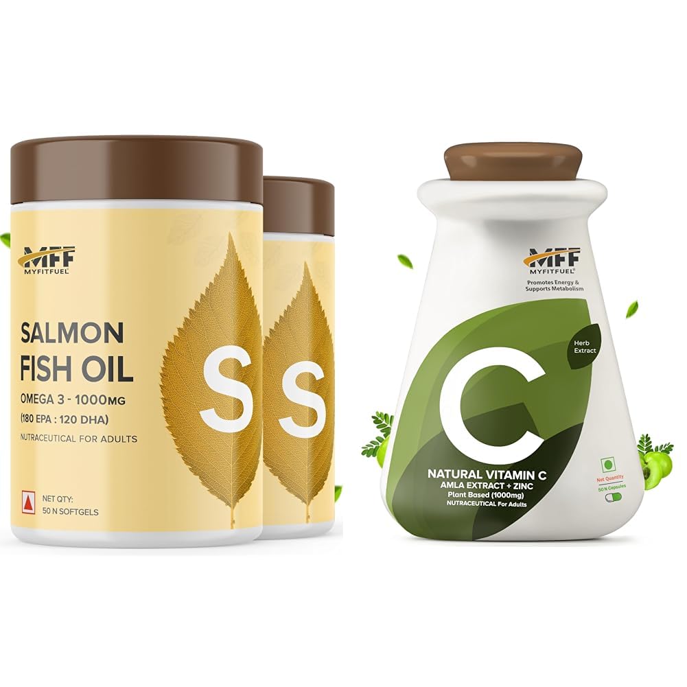 MyFitFuel Salmon Fish Oil, 1000mg (180 EPA 120 DHA), 100 softgels | MyFitFuel Natural Vitamin C with Zinc, From Amla Extract Plant Based, (1000 mg), (50 Capsules) | I