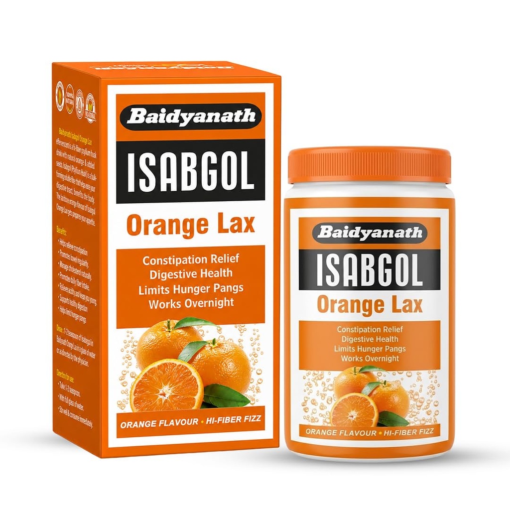Baidyanath Isabgol Psyllium Husk Orange Lax Powder| Tasty Natural Fibre Laxative for Constipation Relief & Digestion | Effervescent, Gluten - 250g
