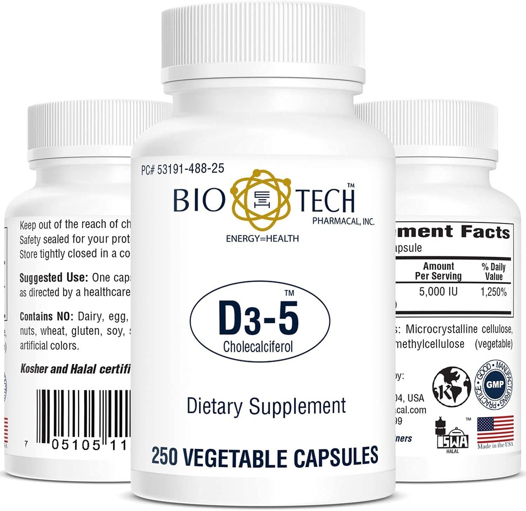 Bio-Tech Pharmacal Vitamine D3 (D3-5 5k IE, 250 Veg aantal)