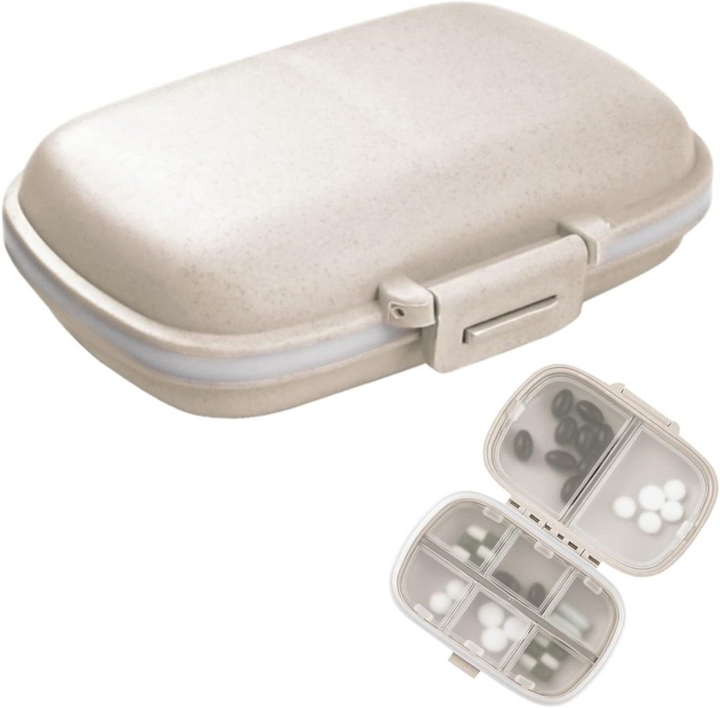 1Pack Travel Pill Organizer, 8 Compartments Portable Pill Case, kleine pil Box voor zaktas Portable Medicine Vitamine Container Beige