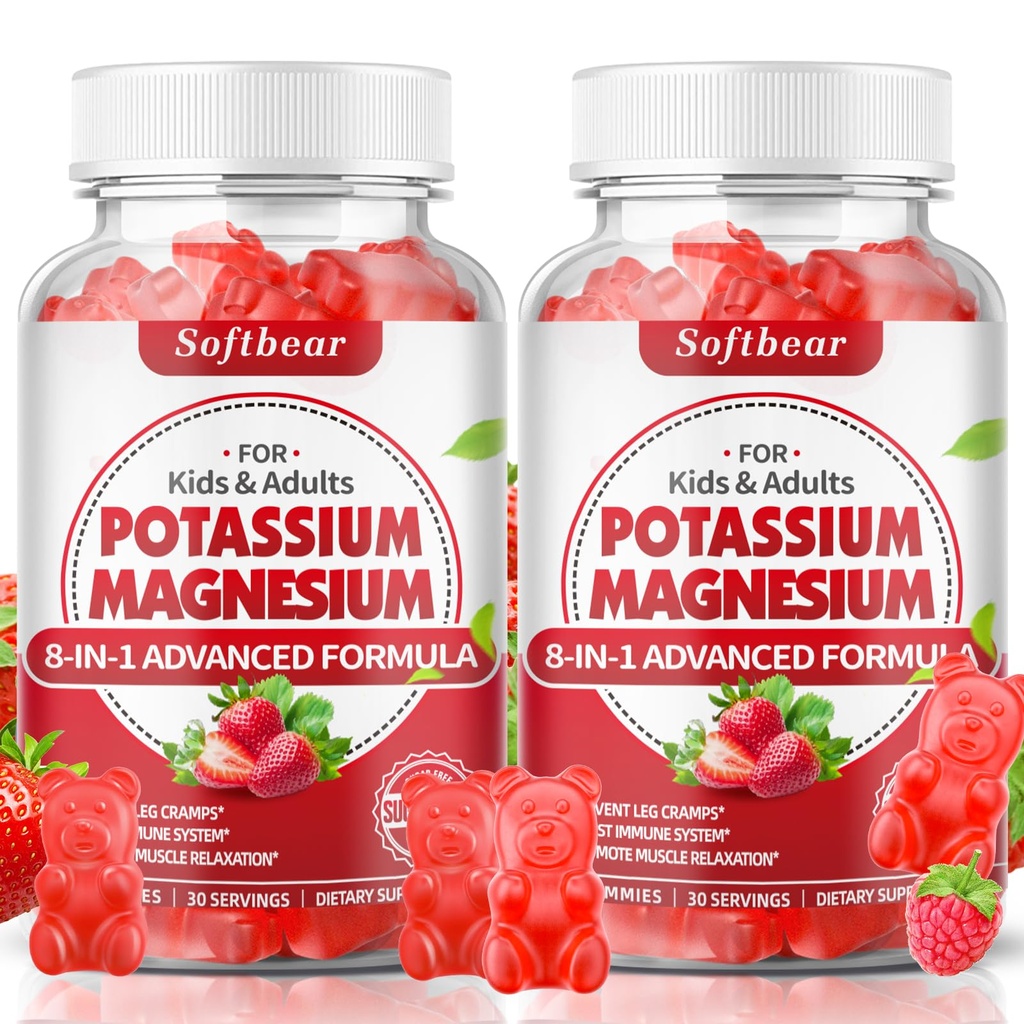 softbear Kalium Gummies voor Volwassenen, Hoge Absorptie Magnesium Kalium Supplement met Vitamine B6 voor Been Krampen & Muscle Health Sugar-Free Vegan Aardbei 120 Gummies