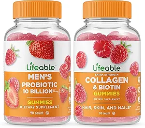 Lifeable Men's Probiotic 10 Miljard + Collageen & Biotin, Gummies Bundle - Grote Proeverij, Vitamine Supplement, Glutenvrij, GGO-vrij, Kauwbare Gummy