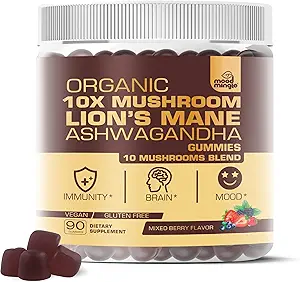 Biologische 10X Leeuwenbloemen Mane Paddestoelen Gummies voor kinderen Volwassenen (4350mg) - Glutenvrij Dagelijks Supplement Complex Blend met Reishi Turkije staart Shiitake