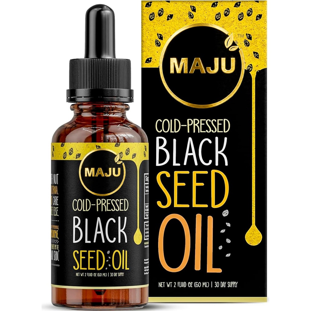 Maju Superfoods Black Seed Oil - 3 keer TQ, Cold-Pressed, Travel Size, 100% Turkse zwarte komijnzaadolie, vloeibare zuivere zwarte zaad, glazen fles, 2 Oz