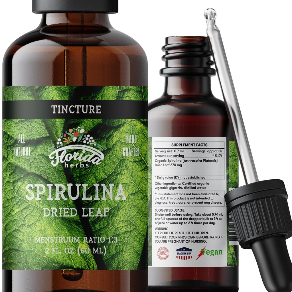 Spirulina Tinctuur, Organisch Spirulina Extract (Arthrospira Platensis) Kruidensupplement, Niet-GMO in Cold-Pressed Biologische Plantaardige Glycerine, 700 mg, 2 oz (60 ml)