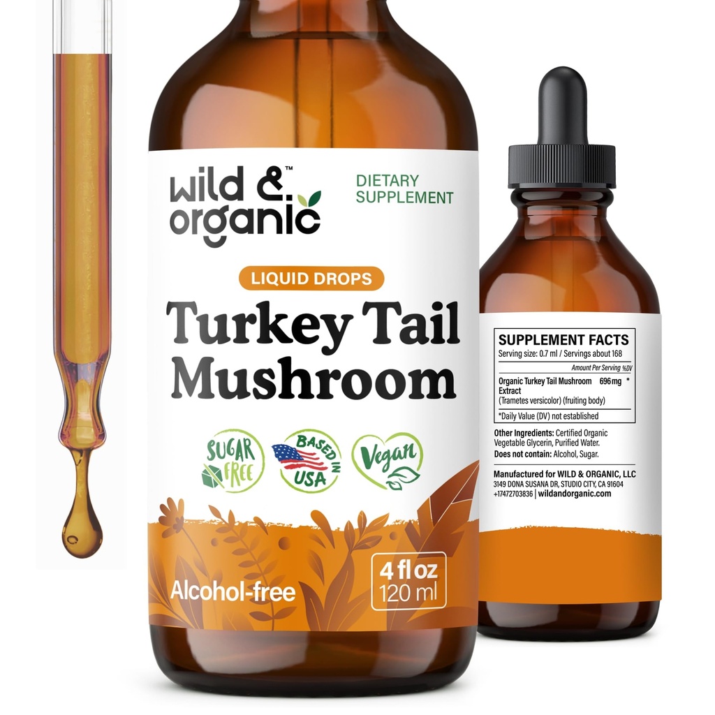 Wild & Organic Turkey Tail Mushroom Tinctuur - Immune Support Drops with Turkey Tail Extract - Liquid Mushroom Supplement for Gut Support - Vegan, Sugar & Alcohol-Free - 4 fl oz