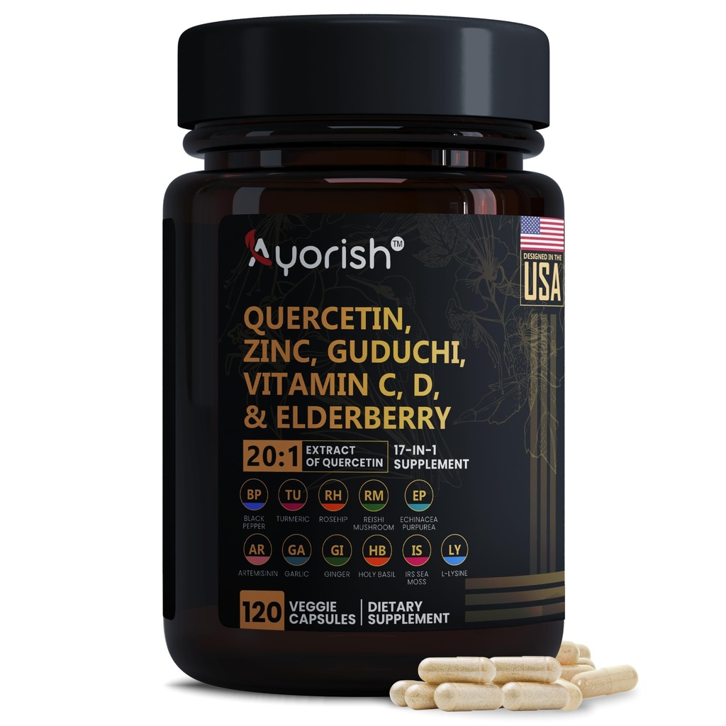 Quercetine Zink Vitamine C Vitamine D Bromelain Vlierbessen - Long Immuun Ondersteuning Supplement Volwassenen met Artemisinine, Zee Moss, Echinacea, Allergie Relief 120 Tel.