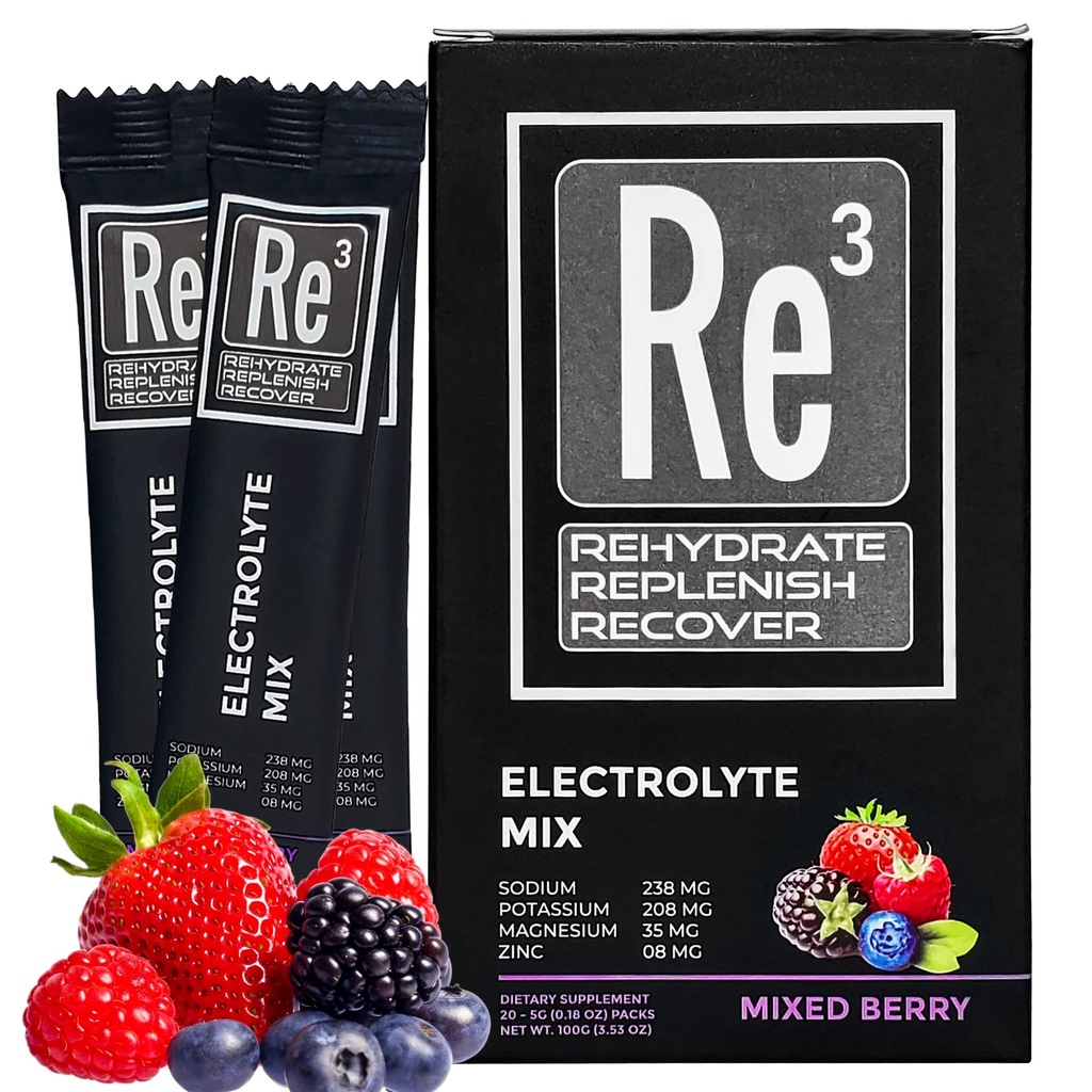 Re3 - Rehydraat - Replenish - Recover Electrolyte Powder Packets. Geen suiker, 7 Cal, 1,4 Carbs. De beste mix van vitaminen en mineralen (Mixed Berry)