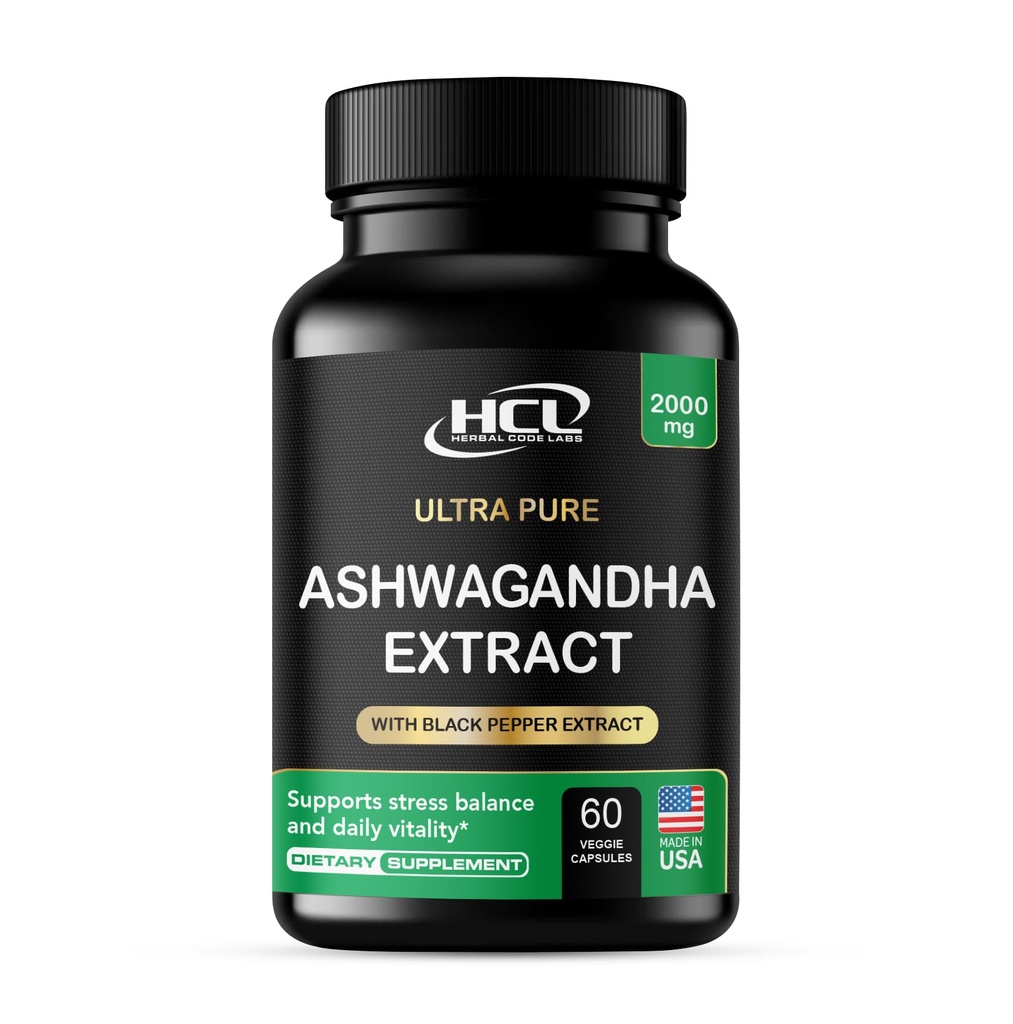 Capsules de Ashwagandha bio 2000 MG extrait de poudre de racine avec poivre noir et baume de citron 2 mois d'approvisionnement - Voie naturelle pour soulager le stress