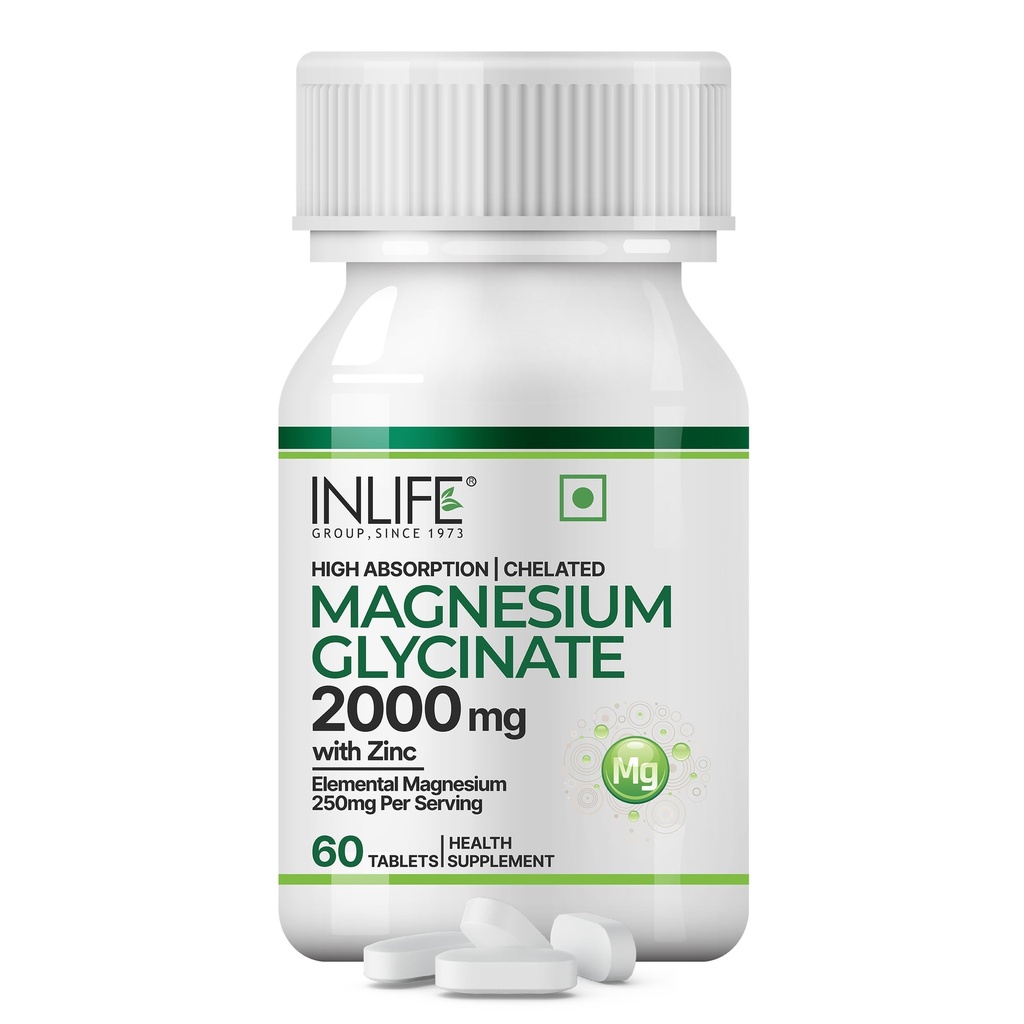 INLIFE Unbuffered Magnesium Glycinate 2000mg, Zinc Picolinate, 60 Tablets