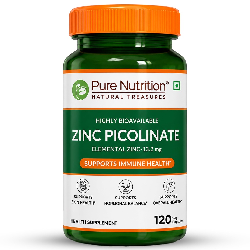 Pure Nutrition Zinc Picolinate | Zinc Supplements for Men & Women | Highly Bioavailable Elemental Zinc 13.2mg | Supports Immune Health, Skin, Hormonal Balance & Metabolism | Daily Zinc Supplement 120 Veg Capsules