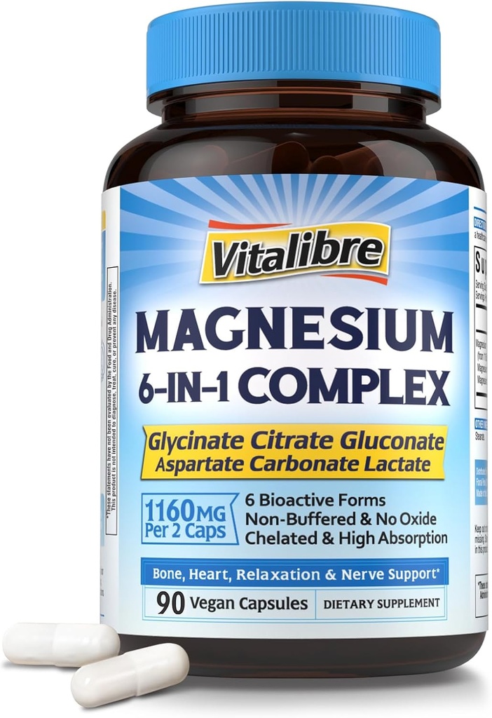 Magnesium Complex Supplement 6 in 1, 1160mg Gecheld Magnesium voor Max Absorptie, Help met Betere Slaap, Ontspanning & Zenuw Kalm, 90 Vegan Capsules, Niet GGO & Glutenvrij