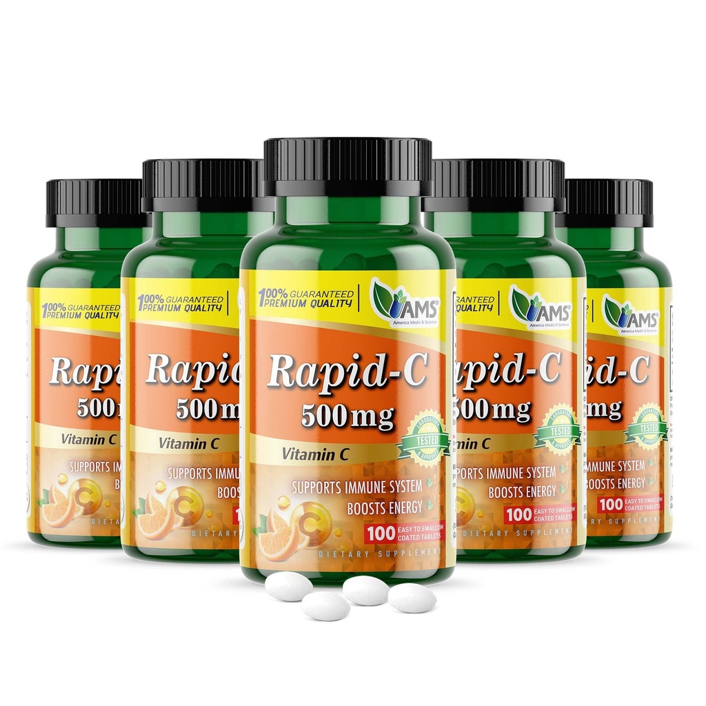 America Medic & Science Rapid-C 500mg Vitamine C Supplement 500 Tabletten (5 verpakkingen van 100 tabletten) Dagelijkse Immuunsysteemondersteuning, Antioxidant 