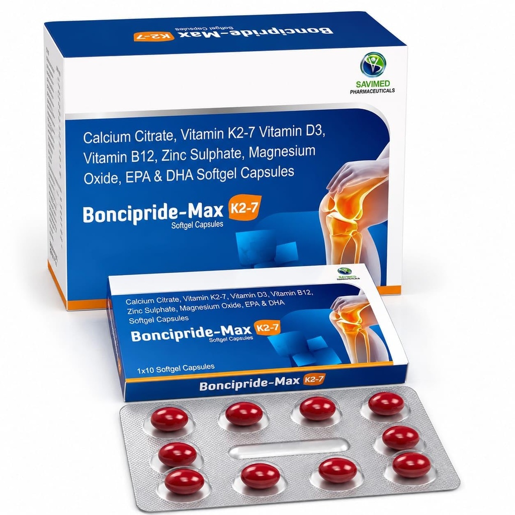 Boncipride-Max K2-7 Softgel Capsules | Calcium Citrate, Vitamin K2-7, Vitamin D3, Vitamin B12, Zinc, Magnesium, EPA & DHA | Bone & Joint Nutrition Supplement |