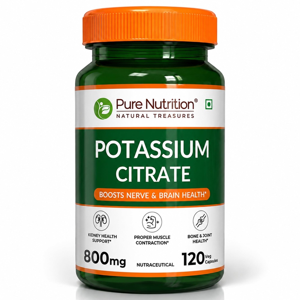 Pure Nutrition Potassium Citrate 800mg | Potassium Supplements promotes Nerve, Muscle, Joint & Bone Health | Supports Kidney Function & pH Balance | Boosts Electrolyte Levels for Hydration & Overall Wellness - 120 Veg Capsules