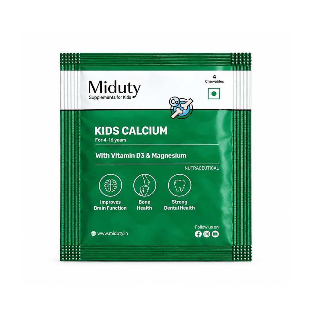 Miduty Kids Calcium - Vitamin D3, K2 & Magnesium - Chewables - Strong Bones & Teeth - Mint-Flavored, Sugar-Free Calcium Supplement for Active & Picky Eaters - 4 Chewables