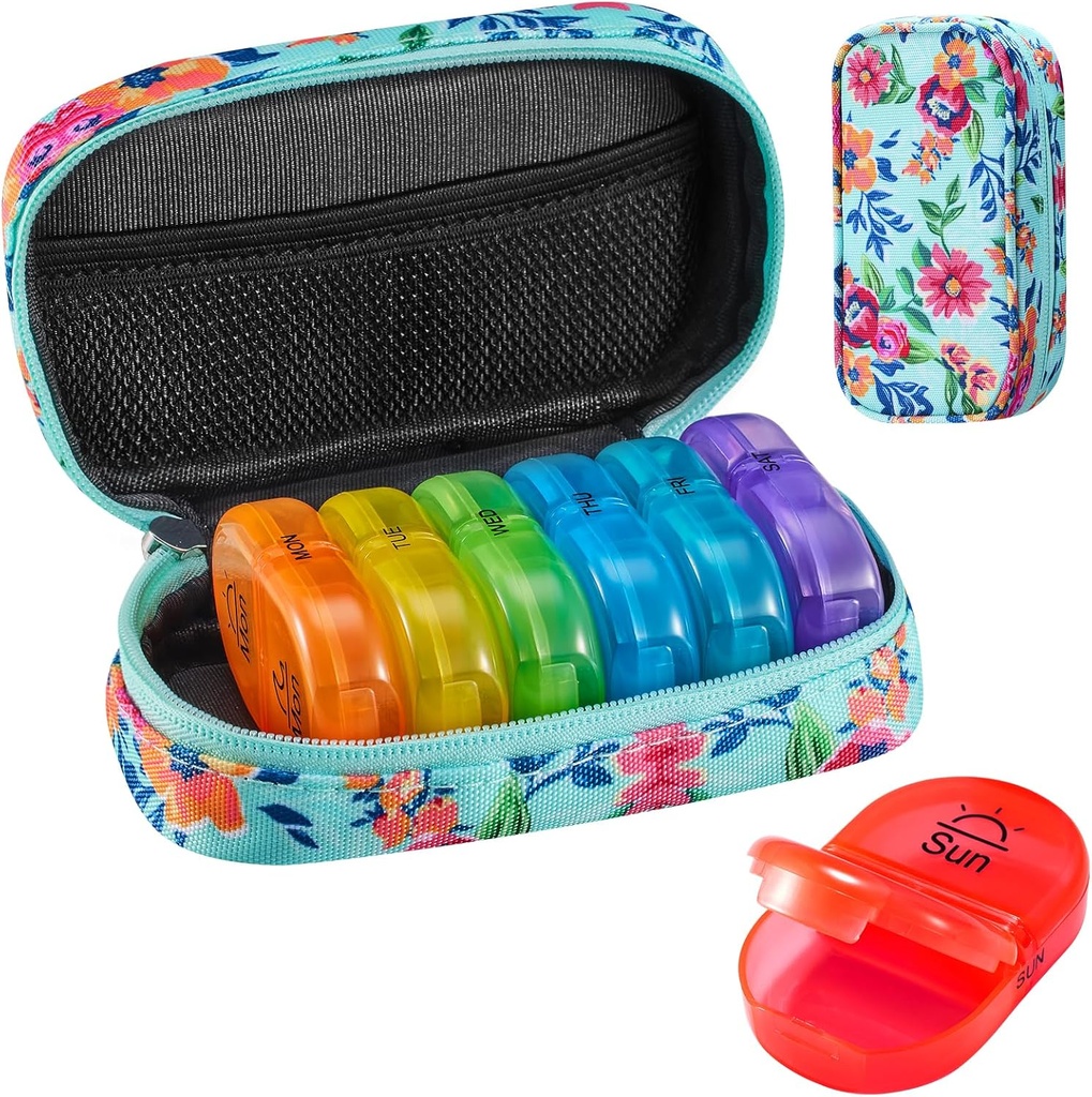 Serfeymi Weekly Travel Pill Organizer 2 keer Een dag AM PM Geüpgraded Regenboog Pill Box 7 dag met Portable Zipper Canvas Pill Case, Medicine Organizer voor pillen, Vitaminen, Visolie - Groen 01