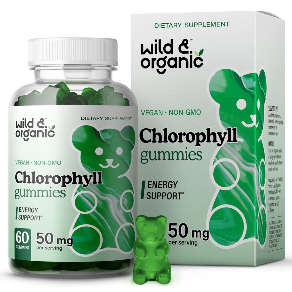Wild & Organic Chlorofyl Gummies 50mg - Detox Cleanse Supplements w/Sodium Copper Chlorofyl - Internal Deodorant w/Chlorofyl Powder - Vegan, Non-GMO - 60 Kruidenkauwers