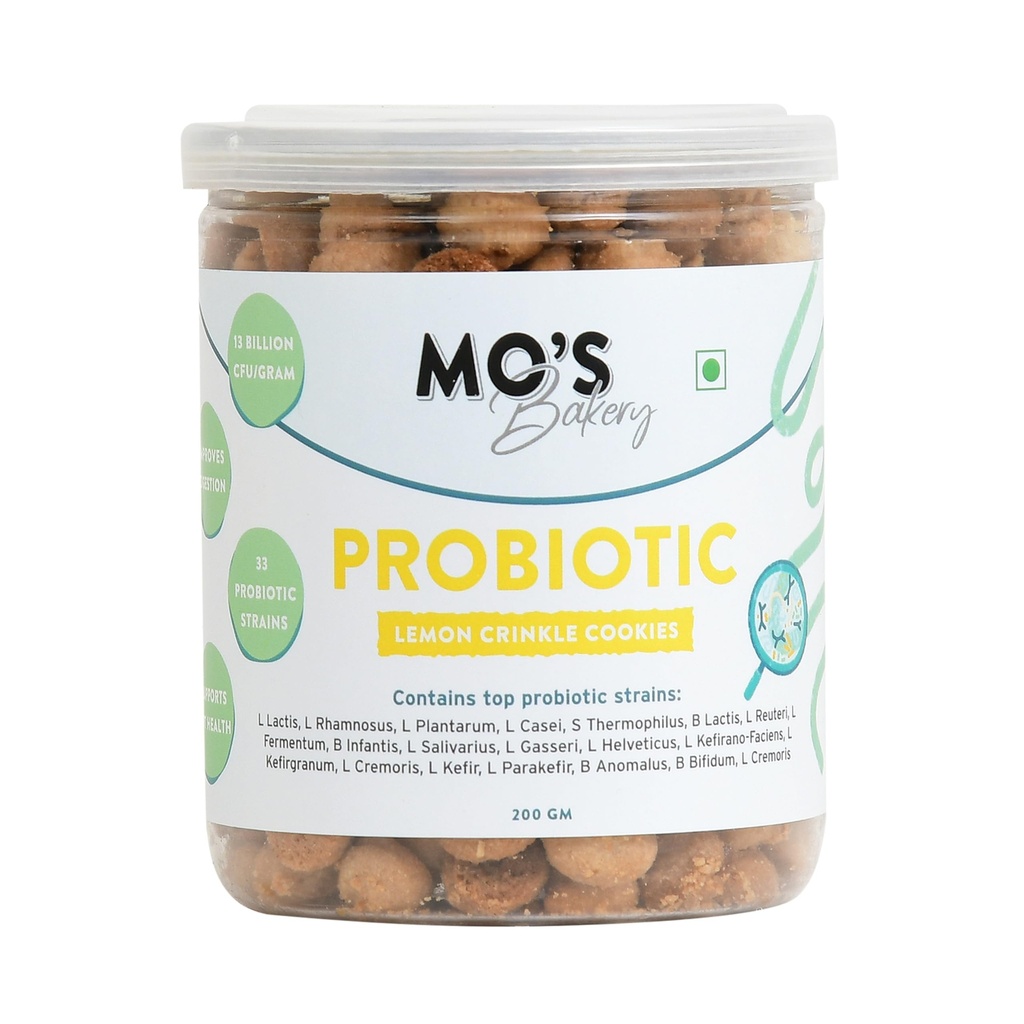 Mo's Probiotic Cookies, 200 G | Lemon Crinkle Cookies | Probiotic Supplement With 13 Billion CFU | 33 Probiotic Strains | Improve Digestion & Gut Health | Probiotics for Women | Snack Supplement